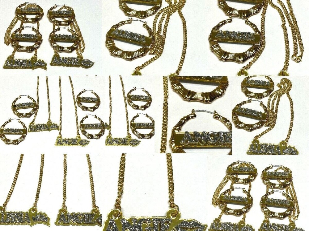 Custom Diamond-Look Personalized Name Plate Necklace & Earrings Set