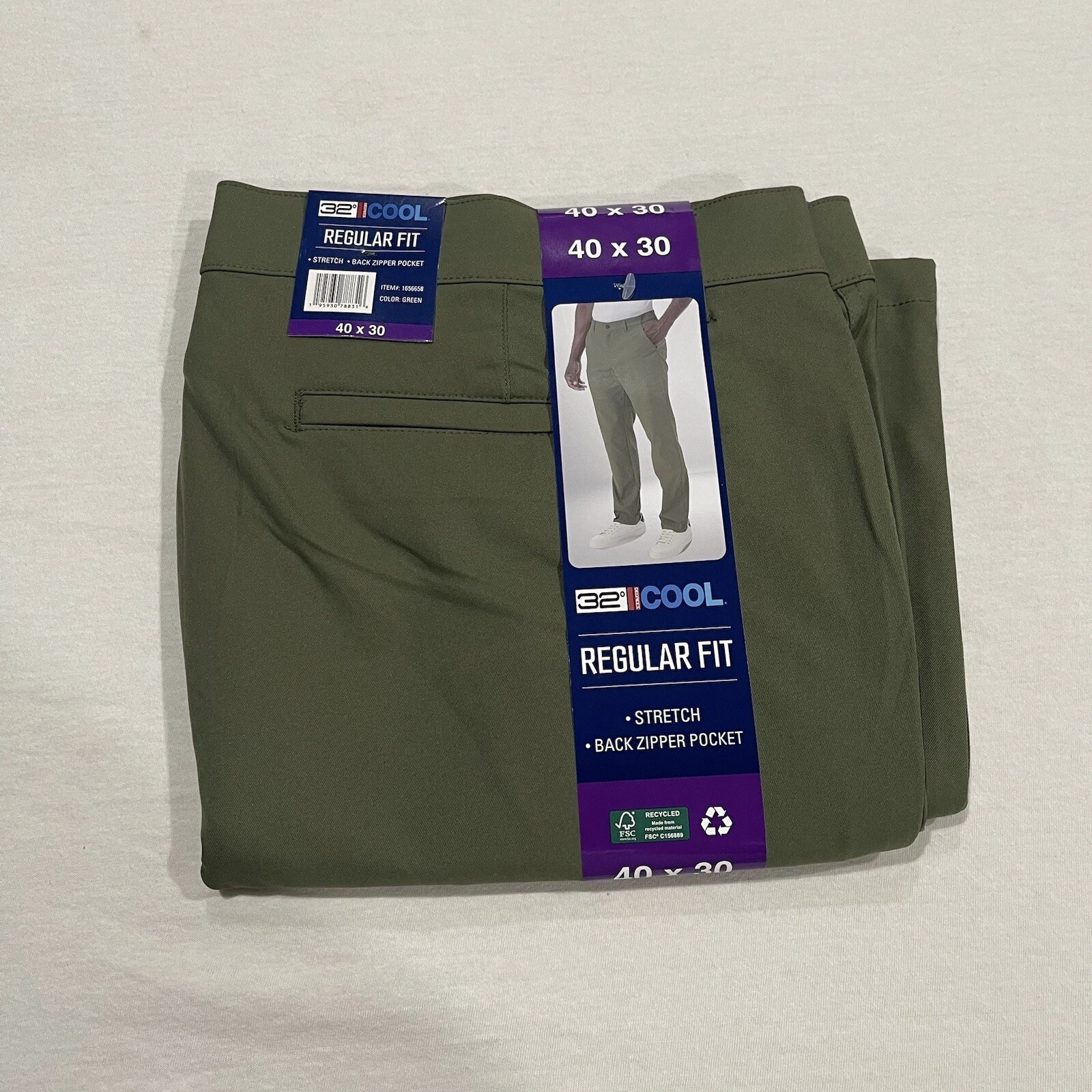 32 Degrees Cool Regular Fit Chino Men's Pants Stretch Soft Touch Green , 40x30