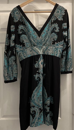 TIBI Black /Turquoise Paisley 3/4 Sleeve V Neck 100% Silk Dress Size 8 Career - Picture 2 of 5
