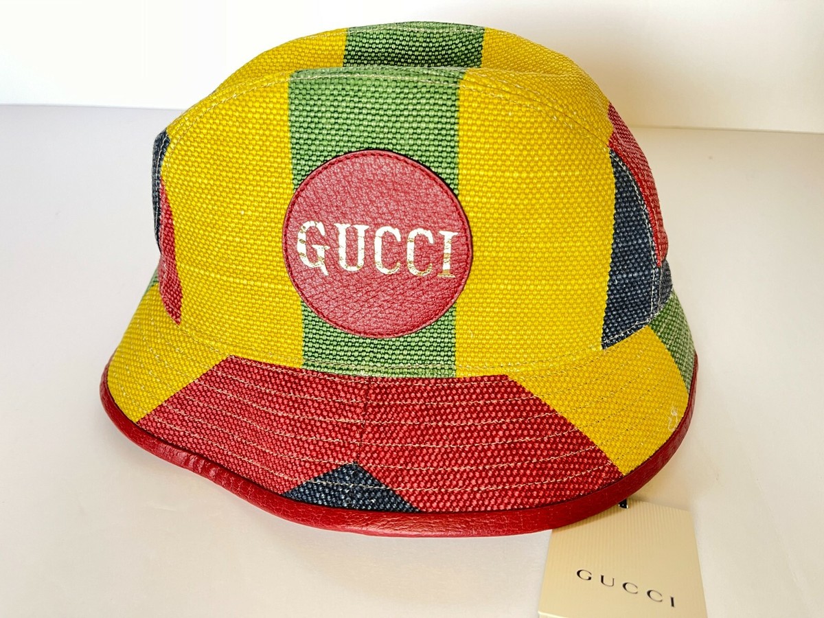 NEW Gucci Baiadera Bucket Hat Logo Stripe Linen Canvas Fedora Sz S