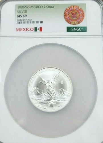1996 MEXICO SILVER LIBERTAD 2 ONZA NGC MS 69 EXTREMELY SCARCE REGISTRY TOP POP