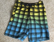 RUSTY Mens Size 28 Green Yellow Blue Plaid Swim Beach Surf Board Shorts Trunks