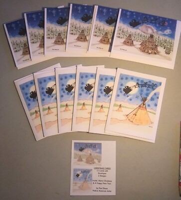 Christmas Card Pkg Of 12 Native American Artist 2 Images Santa Reindeer Petrogly