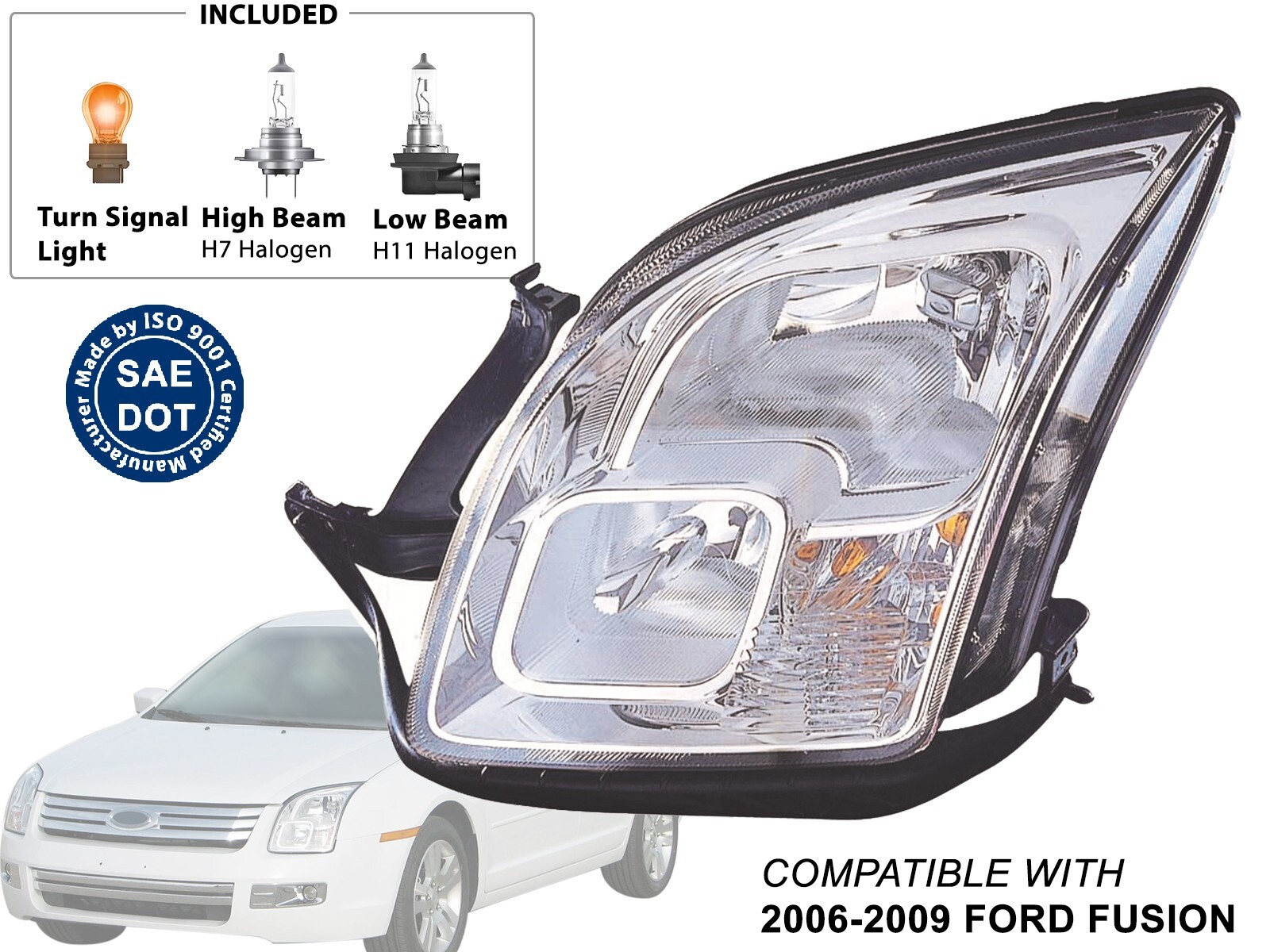 Fits Head Light 2006 - 2009 Ford Fusion Driver Left Side FO2502219 With Bulbs