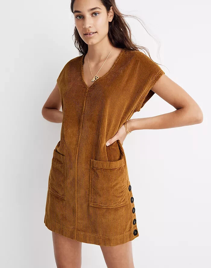 madewell brown dress Madewell Corduroy Shift Dress XXS Brown Front Pockets Side Buttons Fall  Autumn