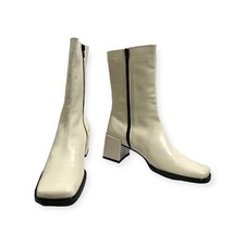 Vintage Y2K Square Toe Mid Shaft Cream Leather Booties. Size 38 EU. Made in Ita