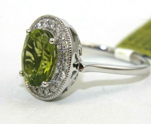 Natural Oval Green Peridot & Diamond Halo Solitaire Ring 14k White Gold 4.02Ct - Picture 2 of 7