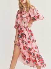 NWOT $425 Love Shack Fancy Kamala MIDI Skirt Pink Red Floral Ruffle Slit