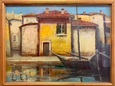 LAMBERTO LAMBERTI - GRANDE DIPINTO SU FAESITE RAFF. CASE SUL CANALE 80X60