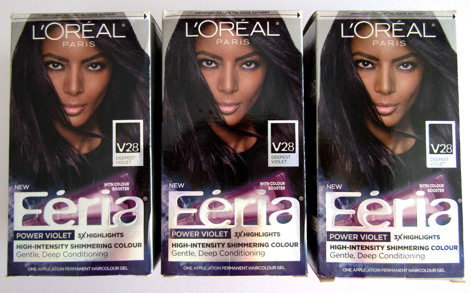 3x LOreal Paris Feria Shimmering Hair Color, V28 Deepest Violet, Midnight Purple