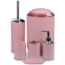 Bathroom Accessories Set 6 Pieces, Pink Bath Ensemble for Decorative Countertop