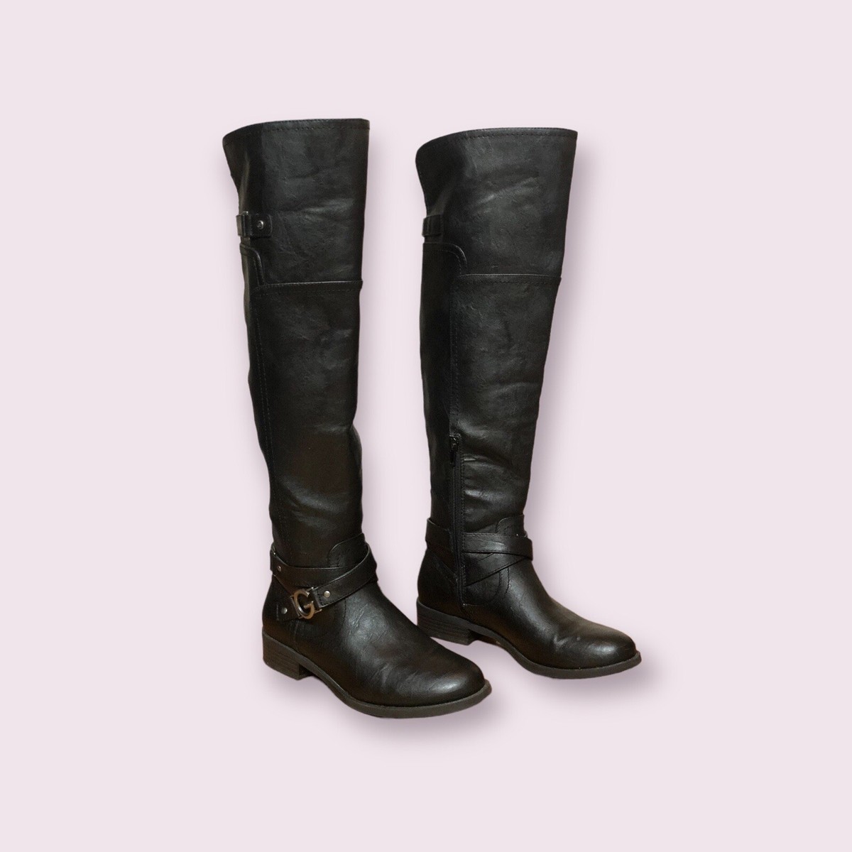 G By Guess Tall Boots Womens M Black Leather Knee-High Casual Block Heels