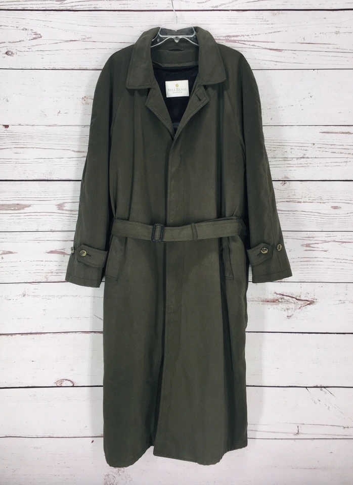 Vtg Bill Blass Men's Trench Coat Size 48 Belted Wool Removable Liner Green Y2K - Image 3 of 4