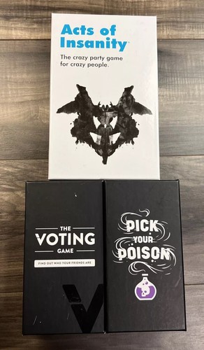Lot of 3 Card Games - The Voting Game, Pick Your Poison, Acts of Insanity EUC