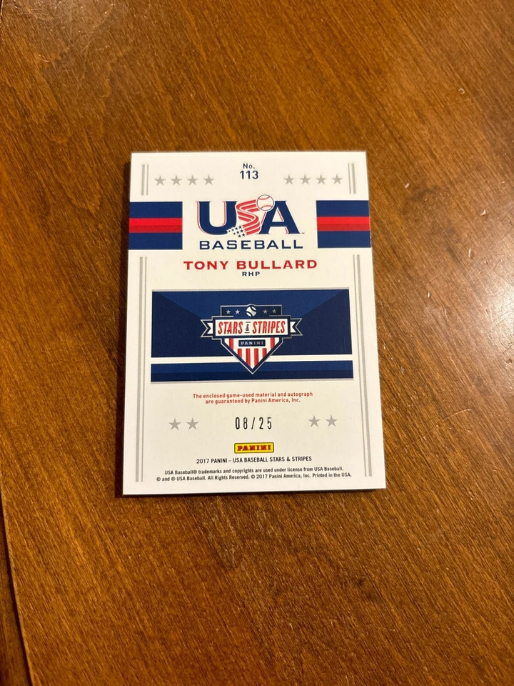 Tony Bullard 2017 USA Baseball Silhouette Auto Game Patch Marlins Arizona /25 - Image 2 of 2