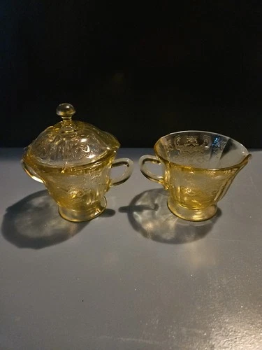 Vintage Madrid Pattern Amber Sugar Bowl and Creamer Set by Federal Glass