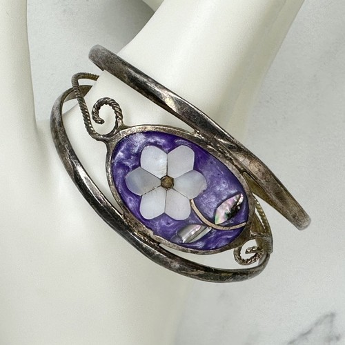 Vintage Alpaca Mexico Silver Tone Purple MOP Abalone Flower Inlay Child Cuff