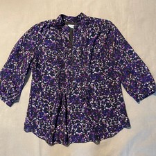 Coldwater Creek Lightweight Pintuck Blouse Size L 14 Purple Floral Boho Artsy