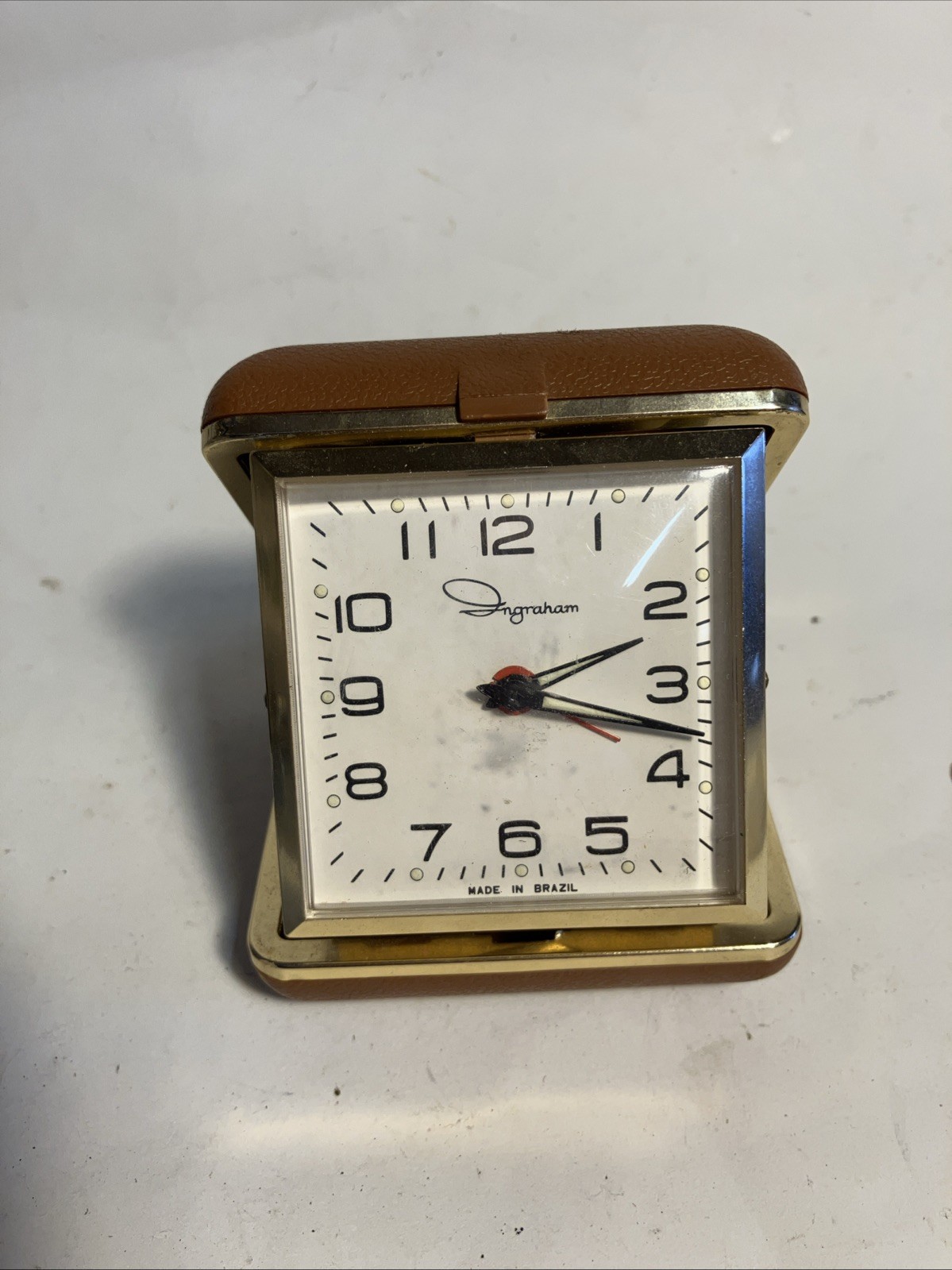 Vintage INGRAHAM Wind Up Folding Travel Alarm Clock Works B12