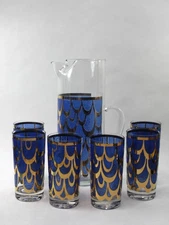 Vintage West Virginia Glass Co Glazed Draperies Pitcher & Glass Set