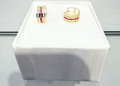 1088- NEW 14K Triple Row Huggies Cz Red & Clear Hoop Earrings (10x5mm)