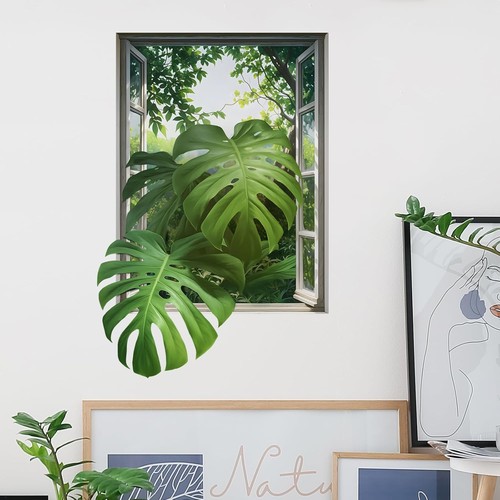3D Monstera Leaves Fake Window Wall Stickers for Living Room Green - Picture 3 of 6