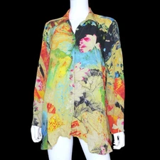 Citron Santa Monica Top Art to Wear Silk Button Up Blouse Floral Women's Medium