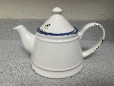 White Ceramic Teapot Distressed Blue Rim Farmhouse Rustic Kitchen Decor 6” 