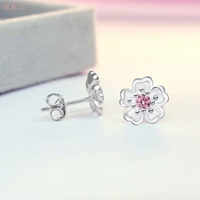 Women's Fashion 925 Silver Needle Pink Camellia CZ Stud Earrings