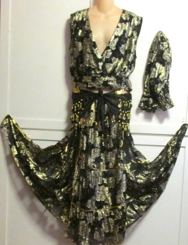 Belly Dance 5 Pc Black Gold Workshop Costume - Skirt Top Coin Hip Belt & Sleeves