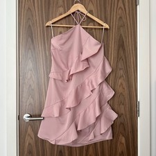 Pieces Satin Halter Neck Ruffle Detail Mini Dress Baby Pink Medium BNWT NEW