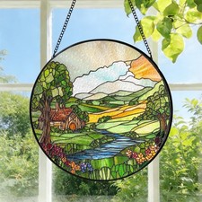 Pastoral Landscape Stained Glass Suncatcher,Round Wildflowers Window Hanging