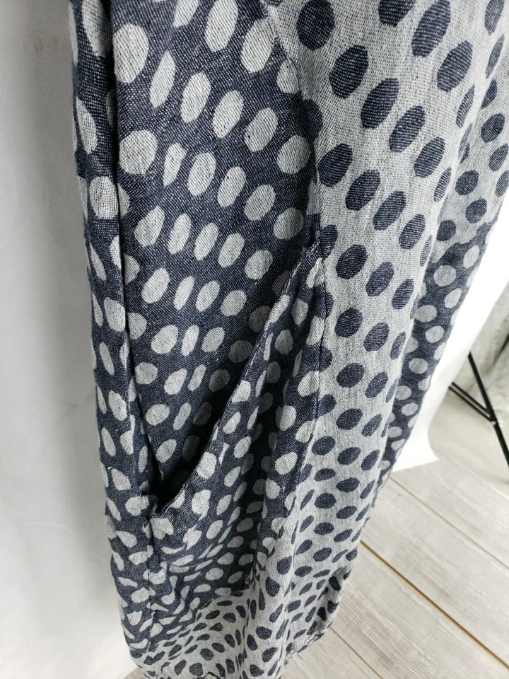 Vestido Cynthia Ashby Largo Azul Lunares 100% Lino Línea A Bolsillos Delanteros EE. UU. Foto 3 de 4