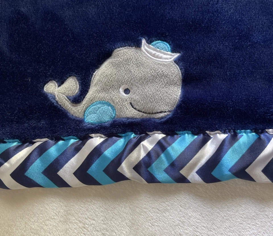 Banana Fish Whale Blue Teal Gray Plush w Satin Chevron Edge Baby Blanket - Image 2 of 4