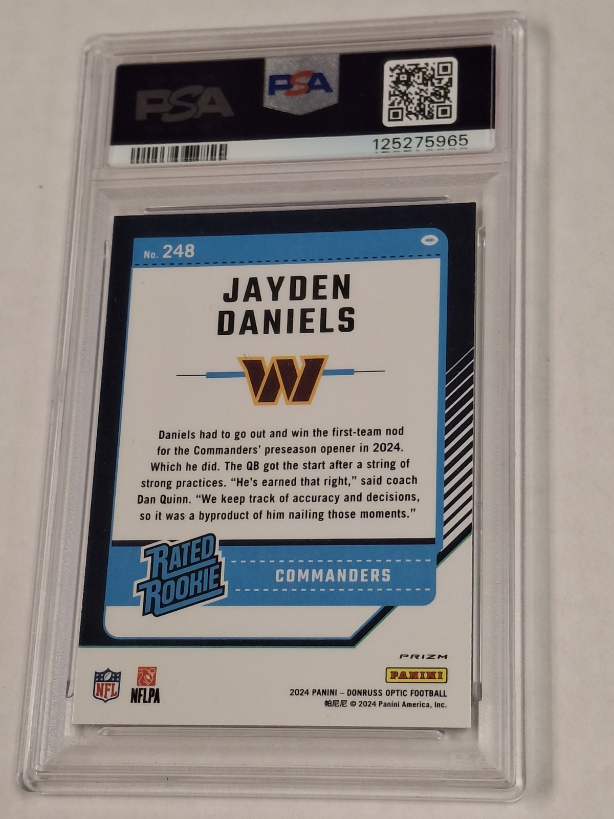 2024 DONRUSS OPTIC JAYDEN DANIELS PURPLE SCOPE PSA 10 GEM MINT #248 RATED ROOKIE view 2