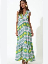 Oliphant silk cotton maxi ruffled tiered dress sz L ikat pattern green yellow 