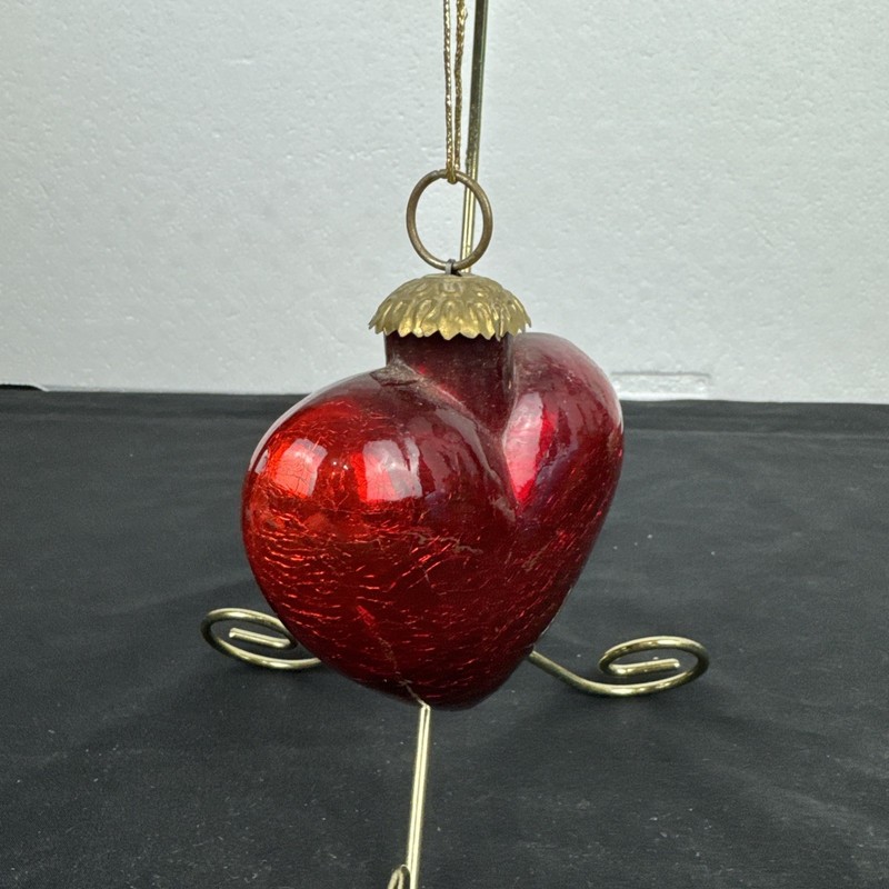 Vintage Kugel 4'' Heart Shape Red Crackle Glass Christmas Ornament #STB6