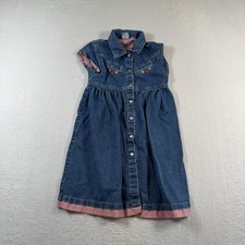 OshKosh Vintage Dress Girls 6 Blue Denim Floral Embroidered Button Front