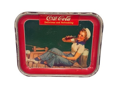 Vintage 1940 Coca-Cola Tin Tray Retro Sailor Fishing Girl Design 13'' x 10.5''