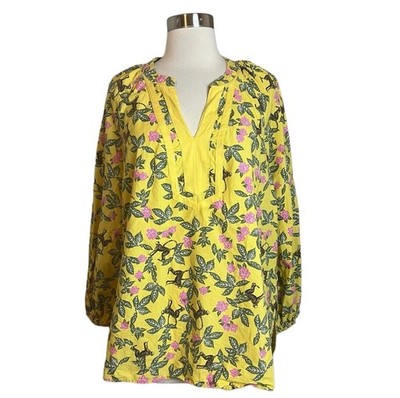Charter Club Tunic Top XL Yellow Monkey Print Long Sleeve Peasant Tropical