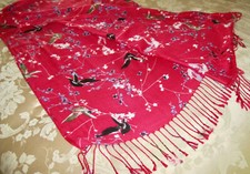 "BEAUTIFUL RED SCARF W/BLACK AND BLUE BIRDS" GENTLY WORN - LOVELY ON "
