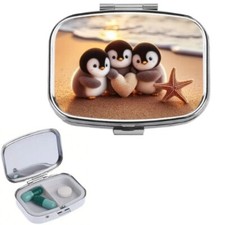 Penguin Family Medicine Organizer, Portable Metal Case with 2 Compartments