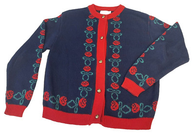 VTG Touchy Subject Christmas Sweater Blue Red Button Up Red Roses Size Small