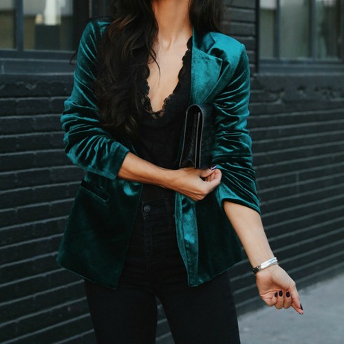 Womens Velvet Lapel Long Sleeves Blazer 