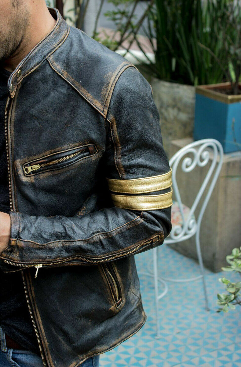 Men's Motorcycle Biker Vintage Cafe Racer Distressed Black Men's Motorcycle Biker Vintage Cafe Racer Distressed Black