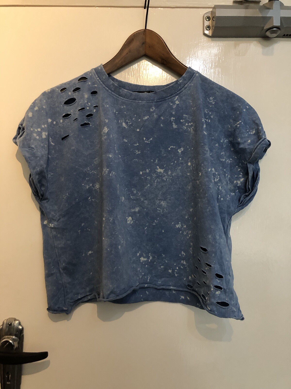 Missguided Blue Tie Dye Distressed Cropped Tee with Bullet Holes