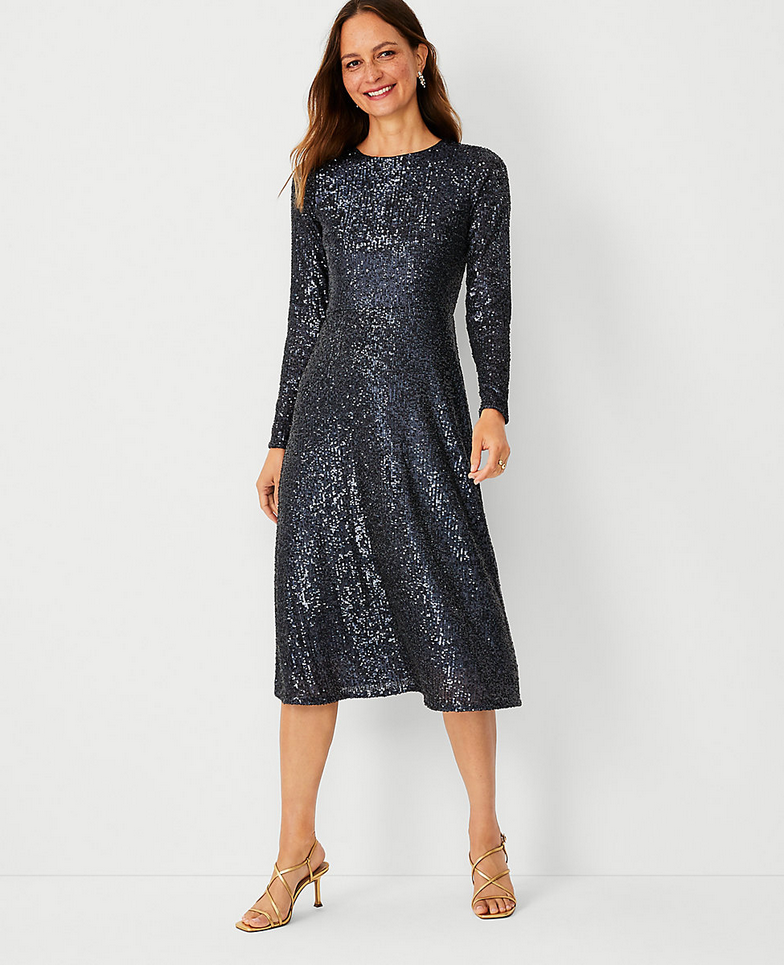 NEW ANN TAYLOR $198 NIGHT SKY SEQUIN MIDI FLARE DRESS SZ 0