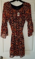 $89 NWT INC Multi Womens Burnt Pepper Printed Belted Peasant Sheath Dress Size 2