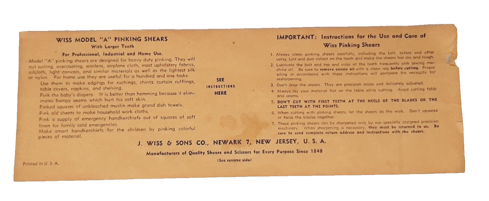 WISS Pinking Shears Model A Vintage Heavy Duty Professional Scissors w