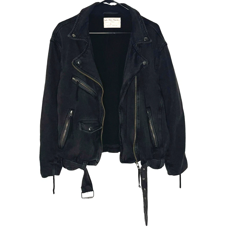 Chaqueta Moto Free People Rebel Tejida Gran Tamaño XS De Colección Negra Algodón Cremallera Completa